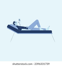 Woman lying on sofa and listening to music. Vector illustration in flat style