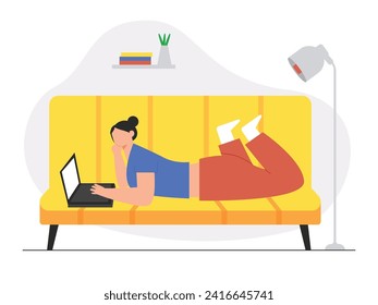 Woman lying on sofa looking at laptop screen, relaxing at home. Character design. Vector flat illustration