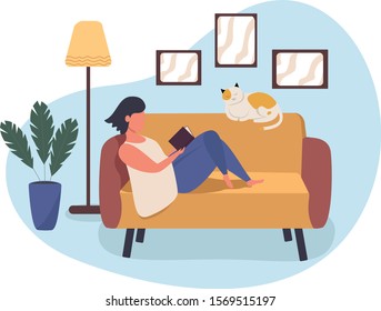 
Woman is lying on the sofa and reading a book. A cat is sleeping on the couch.