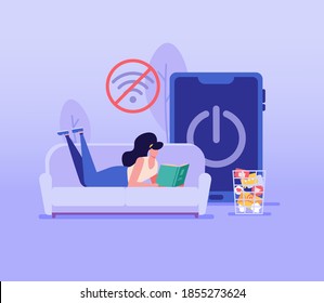 Woman lying on the sofa and reading a book. Concept of digital detox, disconnecting, mediastika, device free zone, internet addiction, no mobile phobia, phubbing. Vector illustration in flat design.