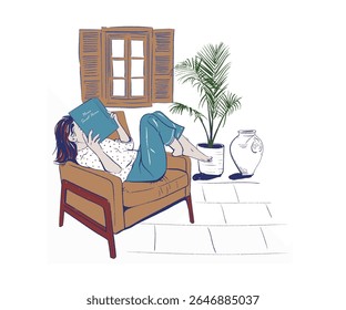 Woman lying on sofa reading book vector art, Relaxing in home vector art, Retro vintage daily life artwork for t shirt, poster, graphic print 