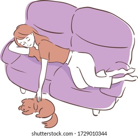 Woman lying on sofa and stroking dog