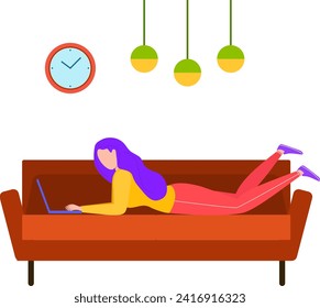Woman lying on sofa using laptop in cozy room. Female with purple hair working or studying from home. Remote work and comfortable workplace vector illustration.