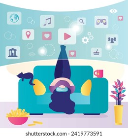 Woman lying on sofa and using VR headsets. Happy girl experiencing virtual reality simulation, they access to their own custom virtual universe and social media apps. Modern style vector illustration