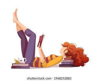 Woman lying on the stack of books and reading. Bookstore, bookshop, library, book lover, bibliophile, education concept. Isolated vector illustration for poster, banner, advertising.