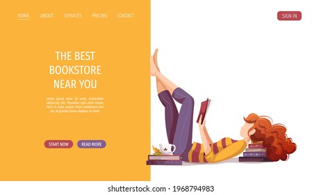 Woman lying on the stack of books and reading. Bookstore, bookshop, library, book lover, bibliophile, education concept. Vector illustration for poster, banner, website, advertising.