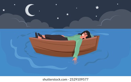 woman lying on a wooden boat admiring the starry sky, concept of tranquility. vector illustration.