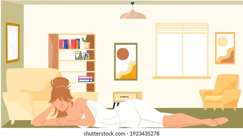 Woman is lying and relaxing. Person is resting or thinking about something good. Girl in underwear spends time in her apartment. Female character in white dress is lying on floor in living room