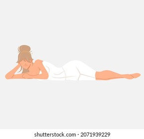 Woman lying and relaxing in sauna isolated on white. Lady wrapped in white towel. Wellness spa procedures. Female character in bath resting alone. Girl takes care of health, enjoys in steam-room