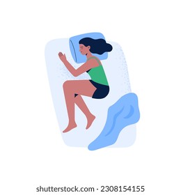 A woman lying in a side pose during dream or relax. Top view of night sleeping position. Vector illustration in flat style isolated on white background.