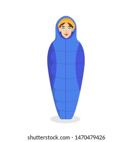 Woman lying in the sleeping bag. Camping equipment. Adventure on the nature, outdoor activity. Isolated vector illustration in cartoon style