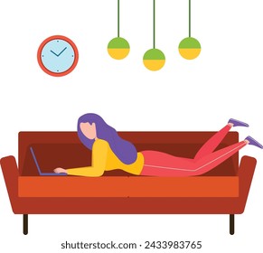 Woman lying sofa using laptop cozy room. Female purple hair working studying home. Remote work comfortable workplace vector illustration