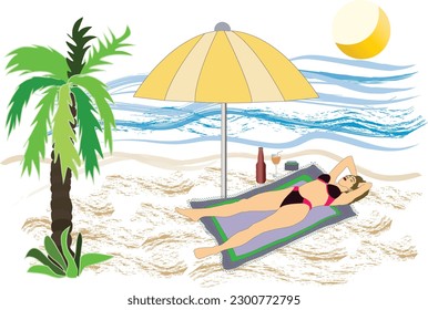 Woman lying in the sun on a blue beach with a colored umbrella on top