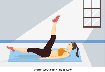 Woman lying swing leg on exercise mat at home. Illustration about healthy lifestyle.