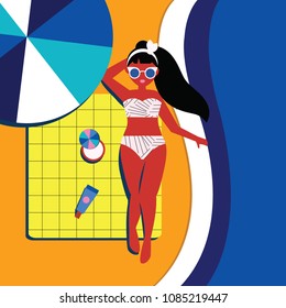 Woman lying under beach umbrella near swimming pool. Summer holidays scene. Vector fashion illustration