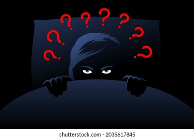 Woman is lying under blanket on bed at deep night, with frowning face, not being able to sleep because of obsessive thoughts, problems, emotional stress and depression. Insomnia and neurosis concept