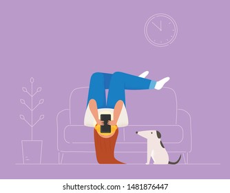 A woman is lying upside down on the sofa and doing her cell phone. flat design style minimal vector illustration.