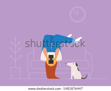 A woman is lying upside down on the sofa and doing her cell phone. flat design style minimal vector illustration.