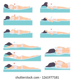 Woman lying in various poses set, side view, correct and incorrect sleeping posture for neck and spine, healthy sleeping position, orthopedic mattresses and pillows vector Illustration svg