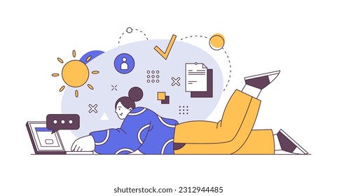 Woman lying and working on laptop, online job. Freelancer works on computer, worker on quarantine, vector illustration of programming employer, professional programmer