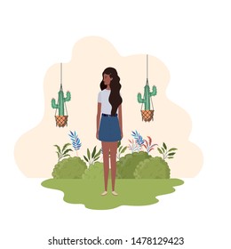 woman with macrame hangers and background landscape