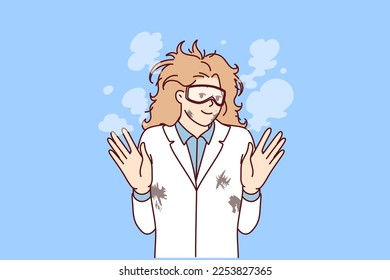 Woman mad scientist with tousled hair after failed experiment with chemical reagents. Research laboratory employee raises hands while standing in white coat with stains and smoke. Flat vector design 