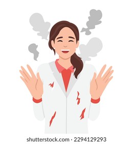 Woman mad scientist with tousled hair after failed experiment with chemical reagents. Research laboratory employee raises hands while standing in white coat with stains and smoke. Flat vector illustra