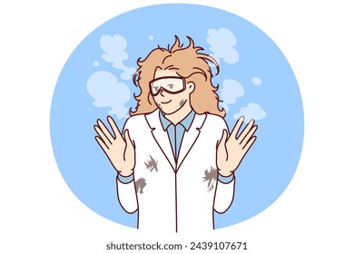 Woman mad scientist with tousled hair after failed experiment with chemical reagents. Research laboratory employee raises hands while standing in white coat with stains and smoke. Flat vector design