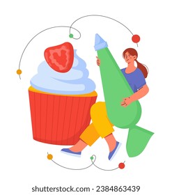 Woman made cupcakes concept. Woman near pastry and homemade bakery. Cake with slice of strawberry. Dessert and delicacy. Cartoon flat vector illustration isolated on white background