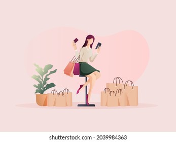 Woman made an order with happiness. Flat design Illustration about shopping online and offline