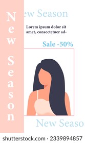 Woman at magazine cover concept. Fashion, trend and style. Young girl in white Tshirt with sale. New season promotion. Template, layout and mock up. Cartoon flat vector illustration