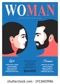 Woman magazine cover design. Abstract couple, male and female faces, side view, face to face, close-up portraits. Vector illustration