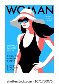 Woman magazine cover for the summer holiday season. Abstract female character wearing swimsuit, sunglasses and hat. Vector illustration