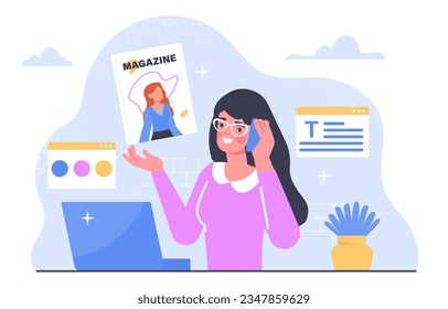 Woman magazine editor concept. Young girl in glasses near brochures and covers. Fashion, trend and style. Article and content, journal. Manager with phone. Cartoon flat vector illustration