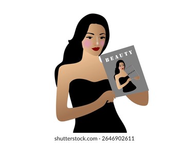 Woman with magazine in hand, beauty magazine, brunette with blush on cheeks, business woman