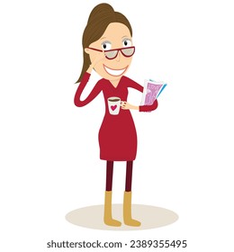 Woman with magazines and drink coffee. Vector illustration.