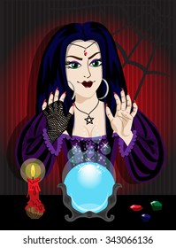 Woman and magic ball on red background