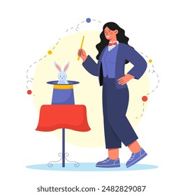 Concepto de mujer maga. Chica joven en traje con varita mágica cerca del sombrero con conejo. Ilusionista actúa en el escenario. Diversión, entretenimiento y ocio. Magia y hechicería. Ilustración vectorial de dibujos animados