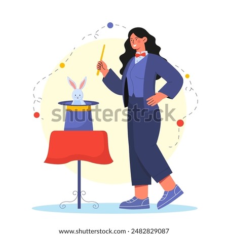 Woman magician concept. Young girl in suit with magic wand near hat with rabbit. Illusionist performs on stage. Fun, entertainment and leisure. Magic and sorcery. Cartoon vector illustration