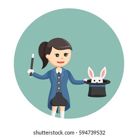 woman magician with rabbit form her hat in circle background