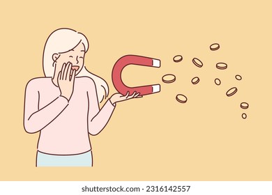 Woman with magnet that attracts money is surprised and rejoices at easy profits and simple earnings. Girl laughing after learning how to make money or launching startup with big profit