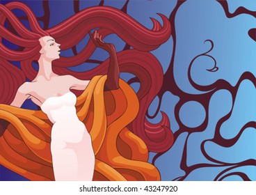 The woman with magnificent hairdress on decorative background