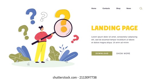 Woman with magnifier analyzing question marks. Curious person investigating interrogation point flat vector illustration. Information, test, FAQ concept for banner, website design or landing web page