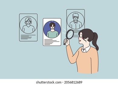 Woman with magnifier glass look at choose among job candidates after interview. Female recruiter hiring staff applicants at vacant position. Employment, recruitment concept. Vector illustration. 