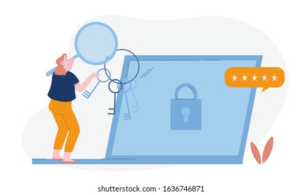 Woman with Magnifying Glass and Bunch of Keys in Hand Stand front of Laptop with Lock and Stars on Screen Trying to Put Correct Password for Internet Account or Mail Cartoon Flat Vector Illustration