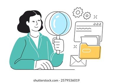 Woman with magnifying glass checking information. Conducting document audit, accounting, search or research