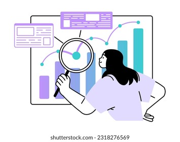 Woman with a magnifying glass examines the data