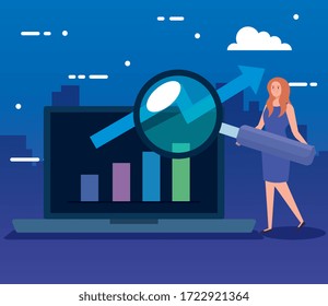 woman with magnifying glass and laptop computer vector illustration design