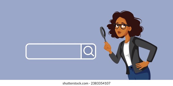 
Woman with a Magnifying Glass Looking at a Search Bar Vector Illustration. Girlfriend stalking her ex partner online feeling curious
