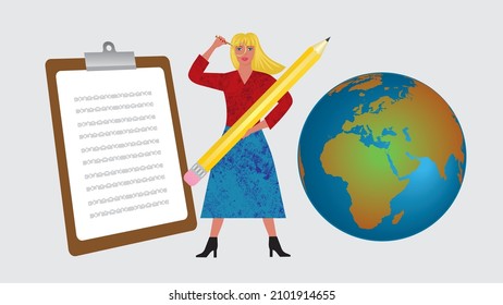 Woman with magnifying glass, note book and planet Eart. Vector illustration.